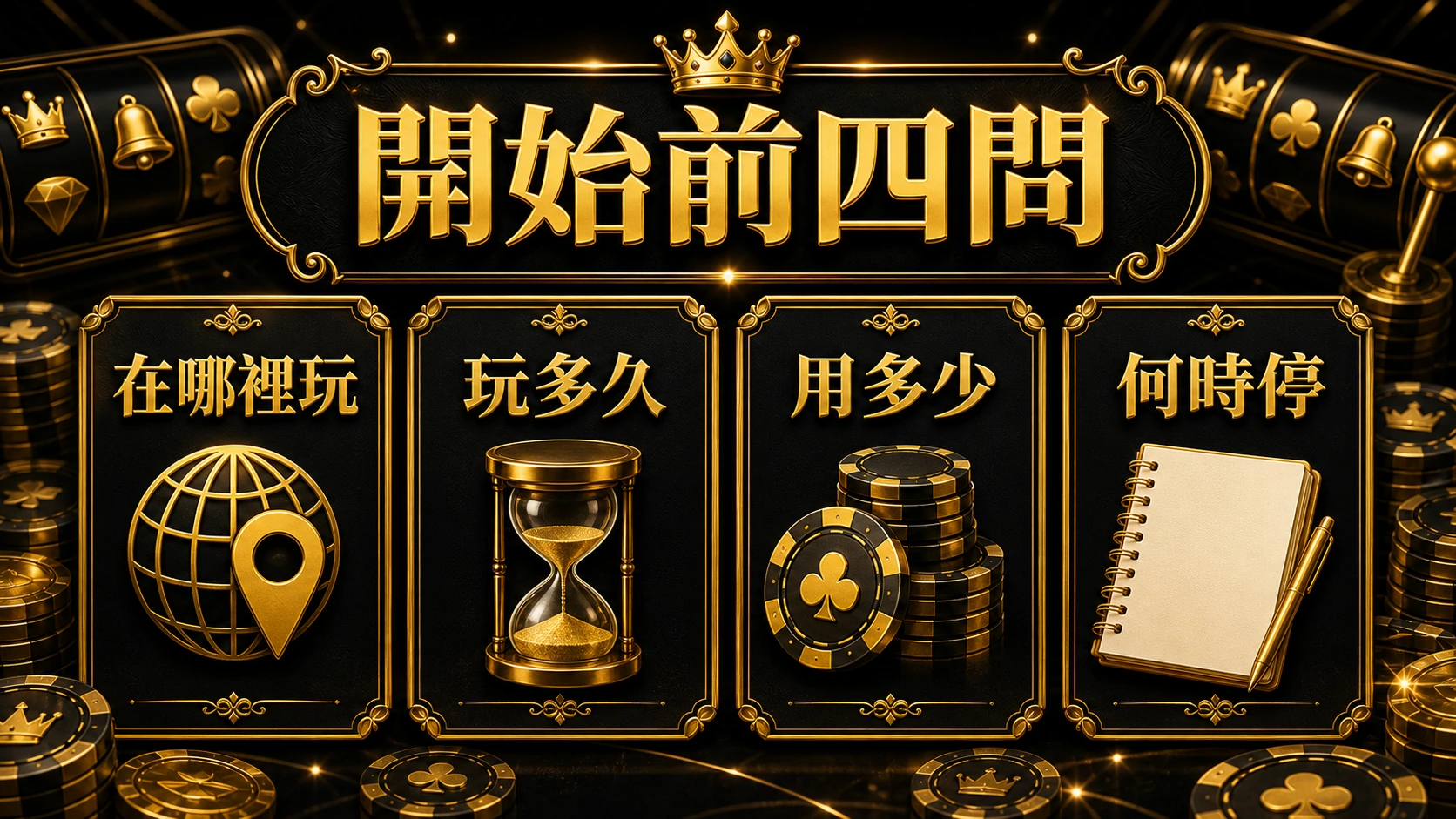 開始前四問資訊圖，提醒玩家確認在哪裡玩、玩多久、用多少與何時停
