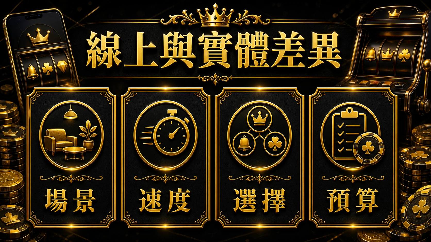 線上與實體老虎機差異資訊圖，整理場景、速度、選擇與預算四個比較方向