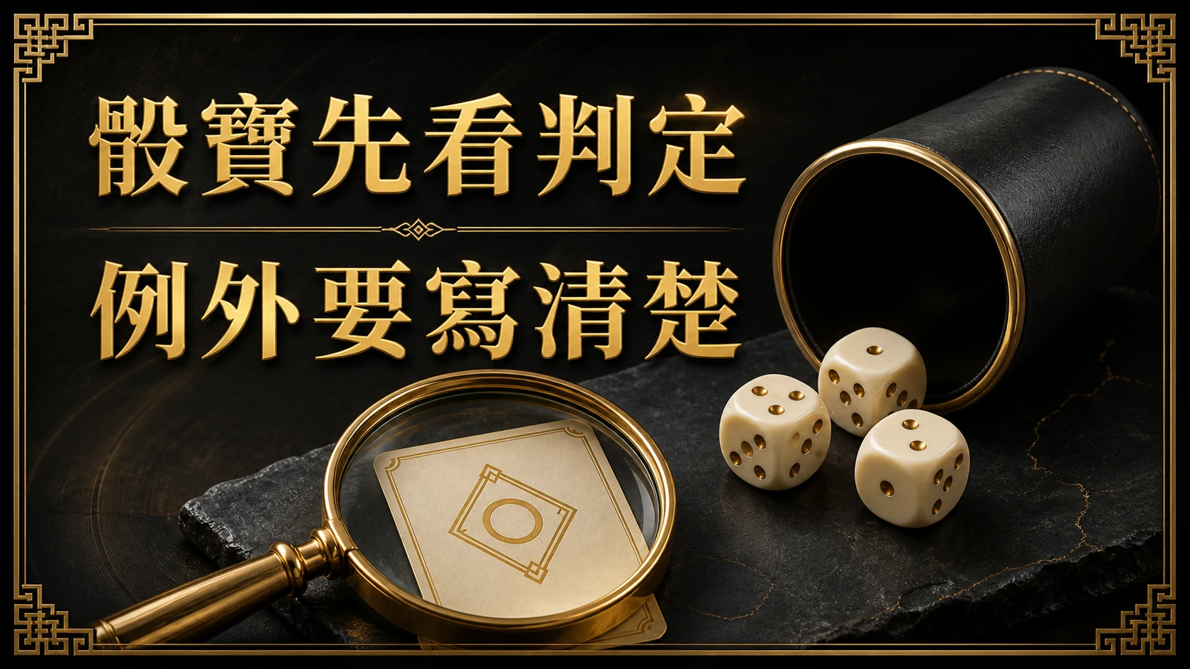 黑金資訊圖：骰盅、三顆骰子與放大鏡，文字「骰寶先看判定／例外要寫清楚」。