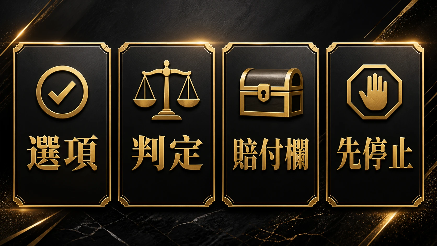 黑金四欄流程圖，依序為選項、判定、賠付欄、先停止。
