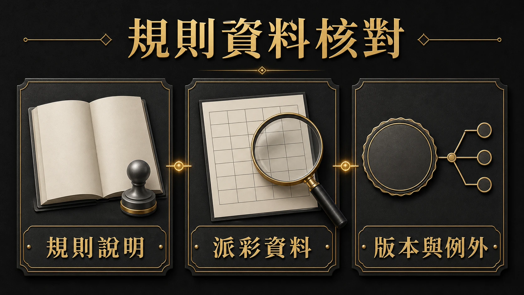 黑金資訊圖呈現桌台識別、完整規則、派彩資料、版本與例外條件需一併核對，缺項時保留問題