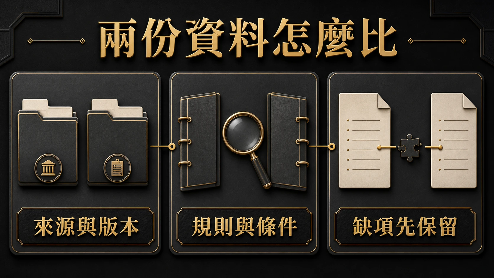 黑金資訊圖呈現兩份規則資料需並列核對來源、版本、規則與派彩說明，缺項時不下結論